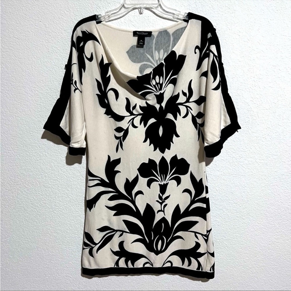 NWOT WHBM Ivory & Black Floral Cotton & Silk Bateaux Neck Sweater Dress Tunic
